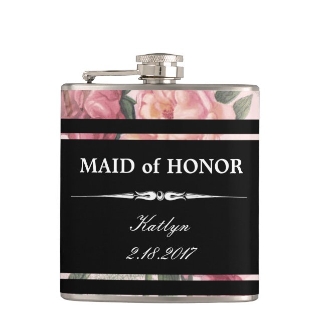 Pink Roses Black Maid of Honour Wedding Flask (Front)