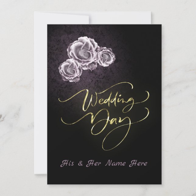Pink Roses Black Wedding Invitation Card (Front)