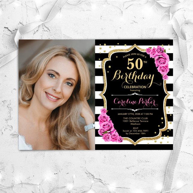 Pink Roses Black White Stripes Photo 50th Birthday Invitation (Creator Uploaded)