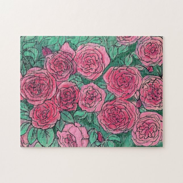 Pink Roses Blooming Flowers Rose Garden Floral Art Jigsaw Puzzle (Horizontal)