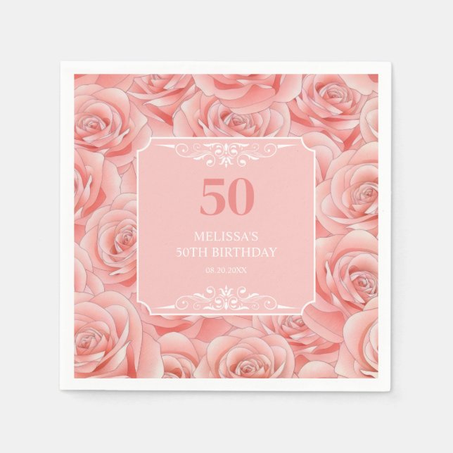 Pink Roses Blossom Floral 50 Birthday  Napkin (Front)