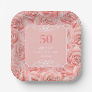 Pink Roses Blossom Floral 50 Birthday Paper Plate