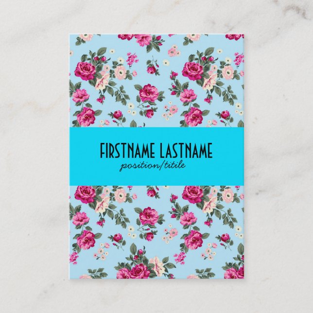 Pink Roses Blue Background Business Card (Front)