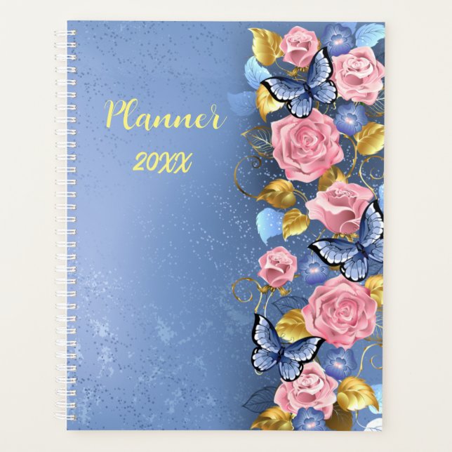 Pink Roses Blue Butterflies Personalised Planner (Front)