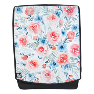 Pink Roses Blue Flowers Watercolor Floral Pattern Backpack