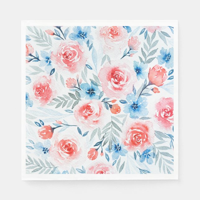 Pink Roses Blue Flowers Watercolor Floral Pattern Napkin (Front)