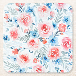 Pink Roses Blue Flowers Watercolor Floral Pattern Square Paper Coaster