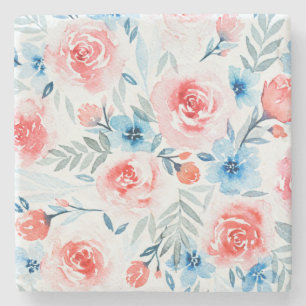 Pink Roses Blue Flowers Watercolor Floral Pattern Stone Coaster