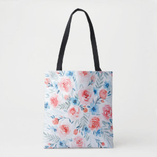 Pink Roses Blue Flowers Watercolor Floral Pattern Tote Bag