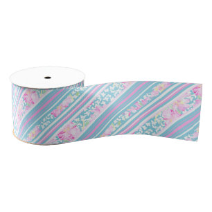 Pink Roses Blue, Pink, White Stripes 3-inch Ribbon Grosgrain Ribbon