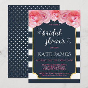 Pink Roses Blue Stripes Bridal Shower Invitation