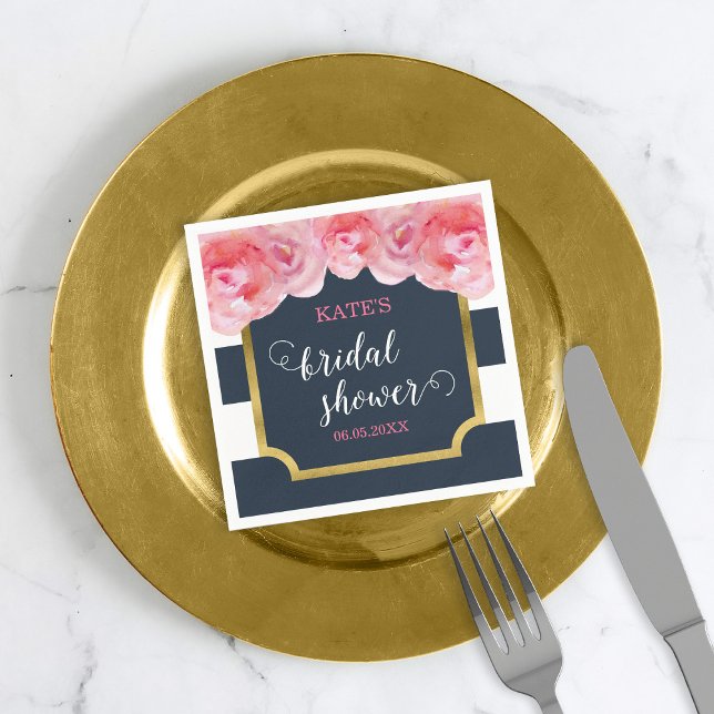 Pink Roses Blue Stripes Bridal Shower Napkin (Creator Uploaded)