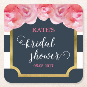 Pink Roses Blue Stripes Bridal Shower Square Paper Coaster