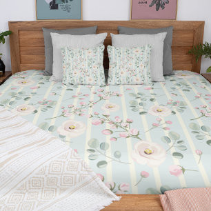 Pink Roses Blue White Stripes Fleece Blanket