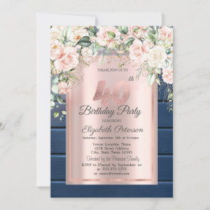 Pink Roses,Blue Wood Rose Gold 40th Birthday Invitation