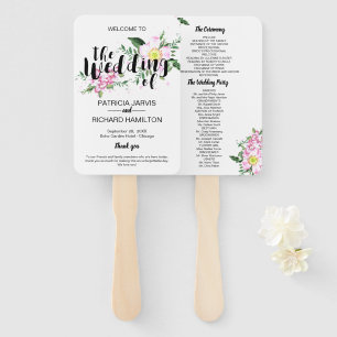 Pink Roses Boho Floral Watercolor Wedding Program Hand Fan