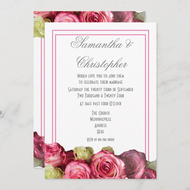 Pink roses border floral wedding invitation (Front/Back)