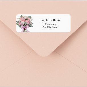 Pink roses bouquet bow return address  label