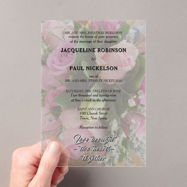 Pink Roses Bouquet Bride and Groom Photo Acrylic Invitations (Insitu (Handheld))
