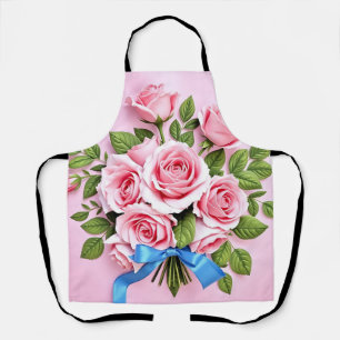Pink Roses Bouquet Ribbon Illustration Apron