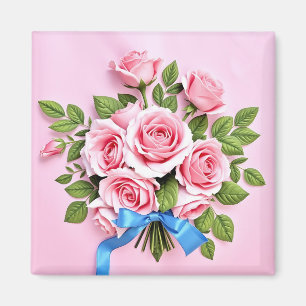 Pink Roses Bouquet Ribbon Illustration Magnet