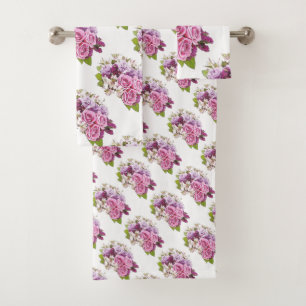 Pink Roses Bouquet Watercolor Art Floral Template Bath Towel Set