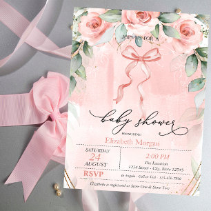 Pink Roses Bow Baby Shower Invitation