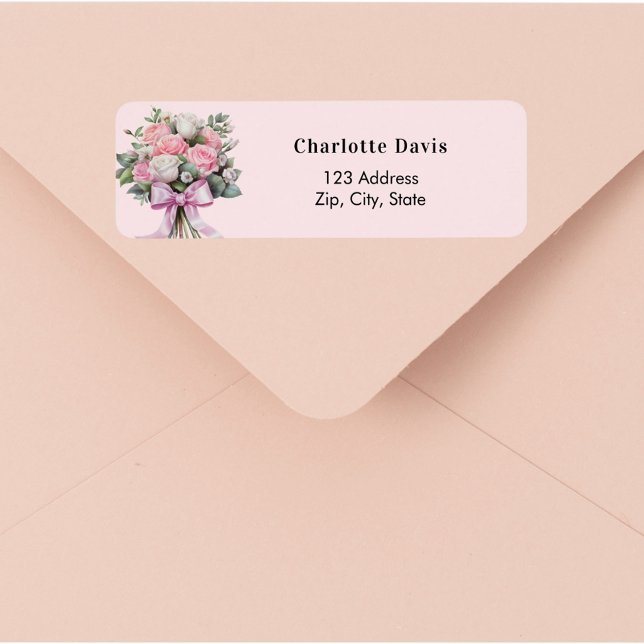 Pink roses bow bouquet return address  label (Creator Uploaded)