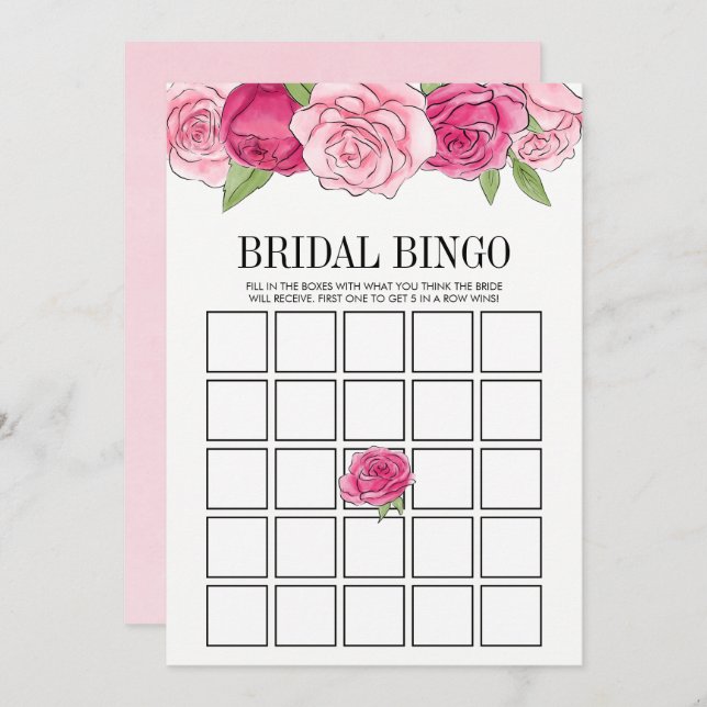 Pink Roses Bridal Shower Bingo Game Card (Front/Back)
