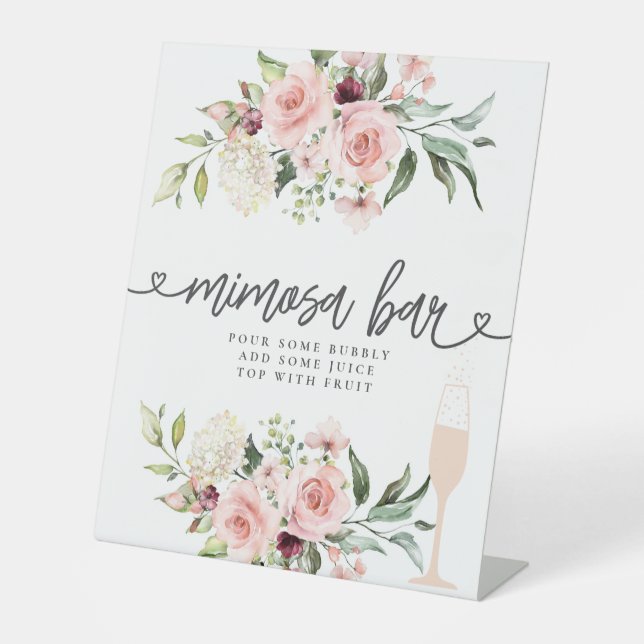Pink Roses Bridal Shower Flower Bar  Pedestal Sign (Front)