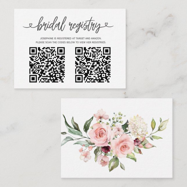 Pink Roses bridal shower registry with QR code Enclosure Card (Front/Back)
