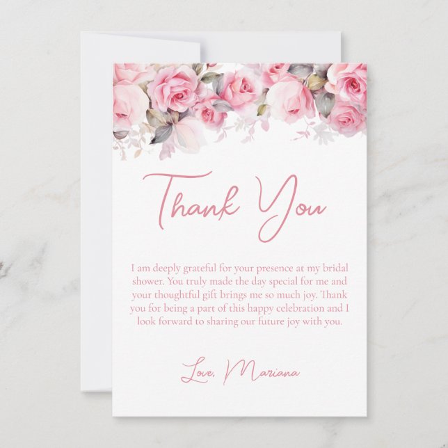 Pink Roses Bridal Shower Thank You Card (Front)