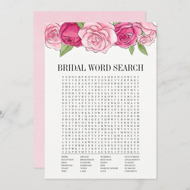 Pink Roses Bridal Shower Word Search Game Card (Front/Back)