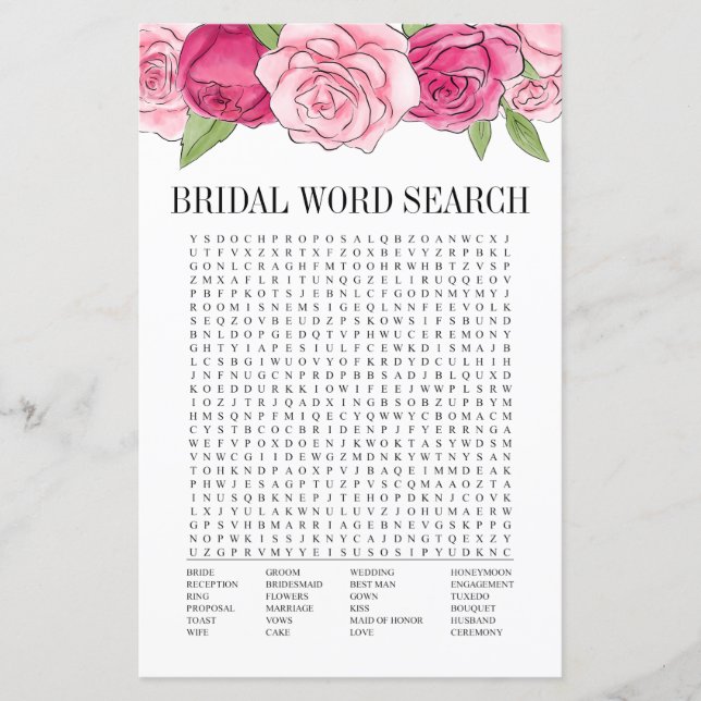 Pink Roses Bridal Shower Word Search Game Card (Front)