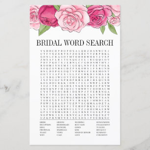 Pink Roses Bridal Shower Word Search Game Card