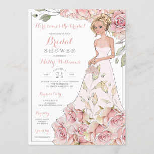 Pink Roses Bride Bridal Shower Invitation