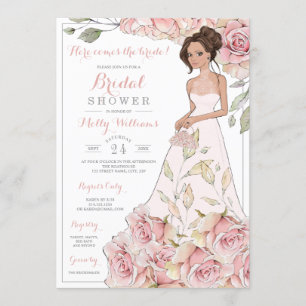 Pink Roses Bride Bridal Shower Invitation