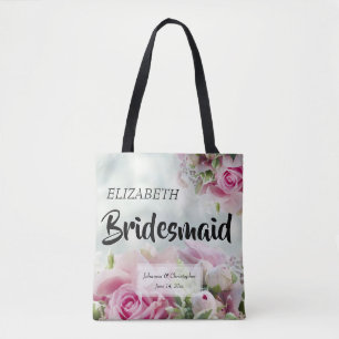 Pink Roses Bridesmaid Wedding Tote Bag with Name