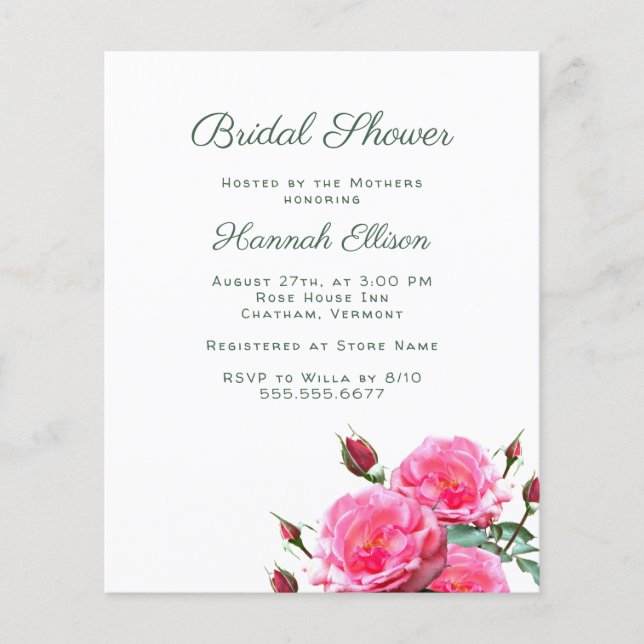 Pink Roses Budget Bridal Shower Invitations Flyer (Front)