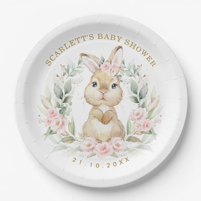 Pink Roses Bunny Easter Rabbit Girl Baby Shower Paper Plate (Front)