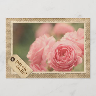 Pink Roses Burlap Vintage Paper Frame Travel Tag Invitation
