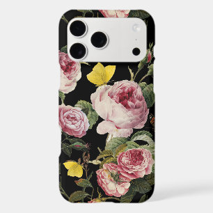 PINK ROSES, BUTTERFLIES Black Floral Monogram