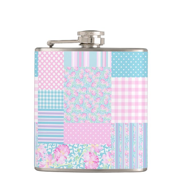 Pink Roses Butterflies Faux Patchwork Hip Flask (Front)
