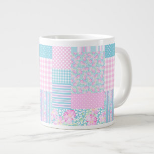 Pink Roses, Butterflies Faux Patchwork Jumbo Mug