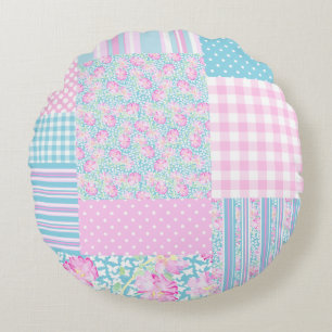 Pink Roses Butterflies Faux Patchwork Round Pillow