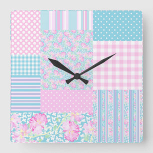 Pink Roses, Butterflies Faux Patchwork Wall Clock