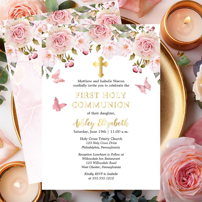 Pink Roses Butterflies Floral First Holy Communion (Elegant Pink Roses and Butterflies Floral First Holy Communion Invitation - Real Gold Foil)