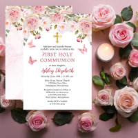 Pink Roses Butterflies Floral First Holy Communion