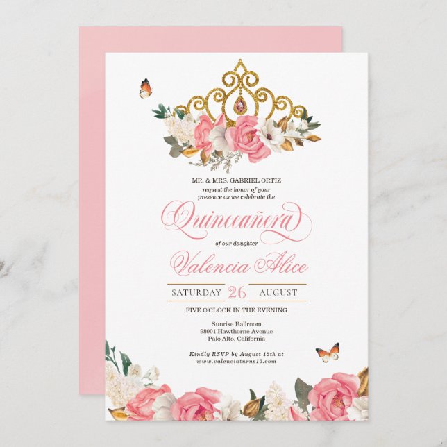 Pink Roses Butterflies Quinceanera Gold Tiara Invitation (Front/Back)