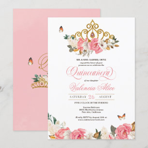 Pink Roses Butterflies Quinceanera Gold Tiara Invitation